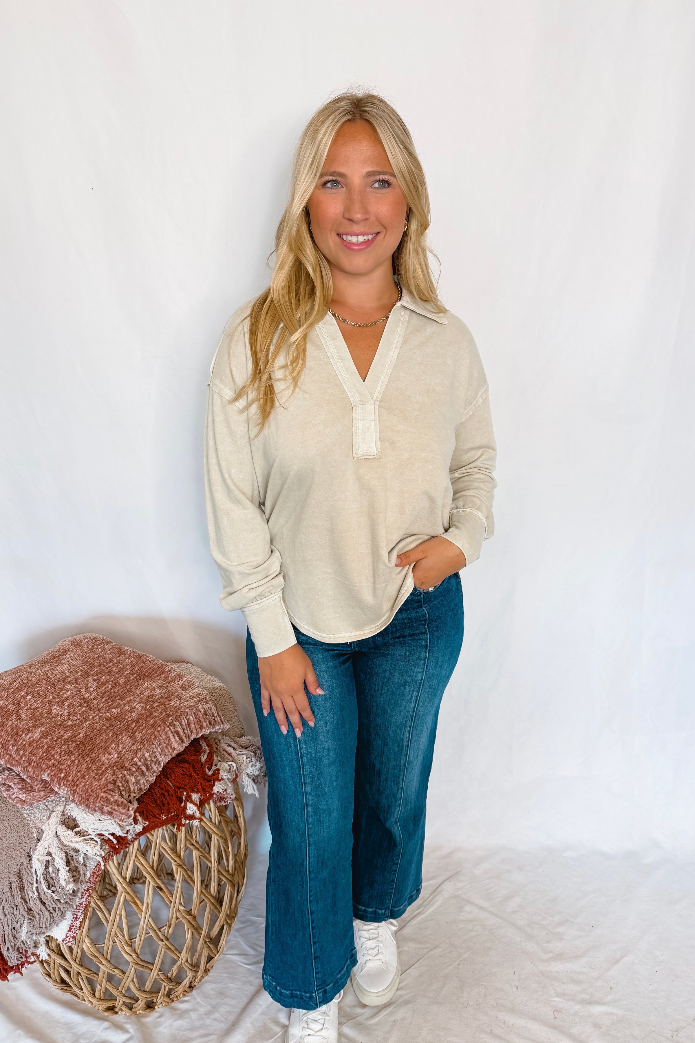 All My Days Mineral Washed Split Neck Top - Oatmeal