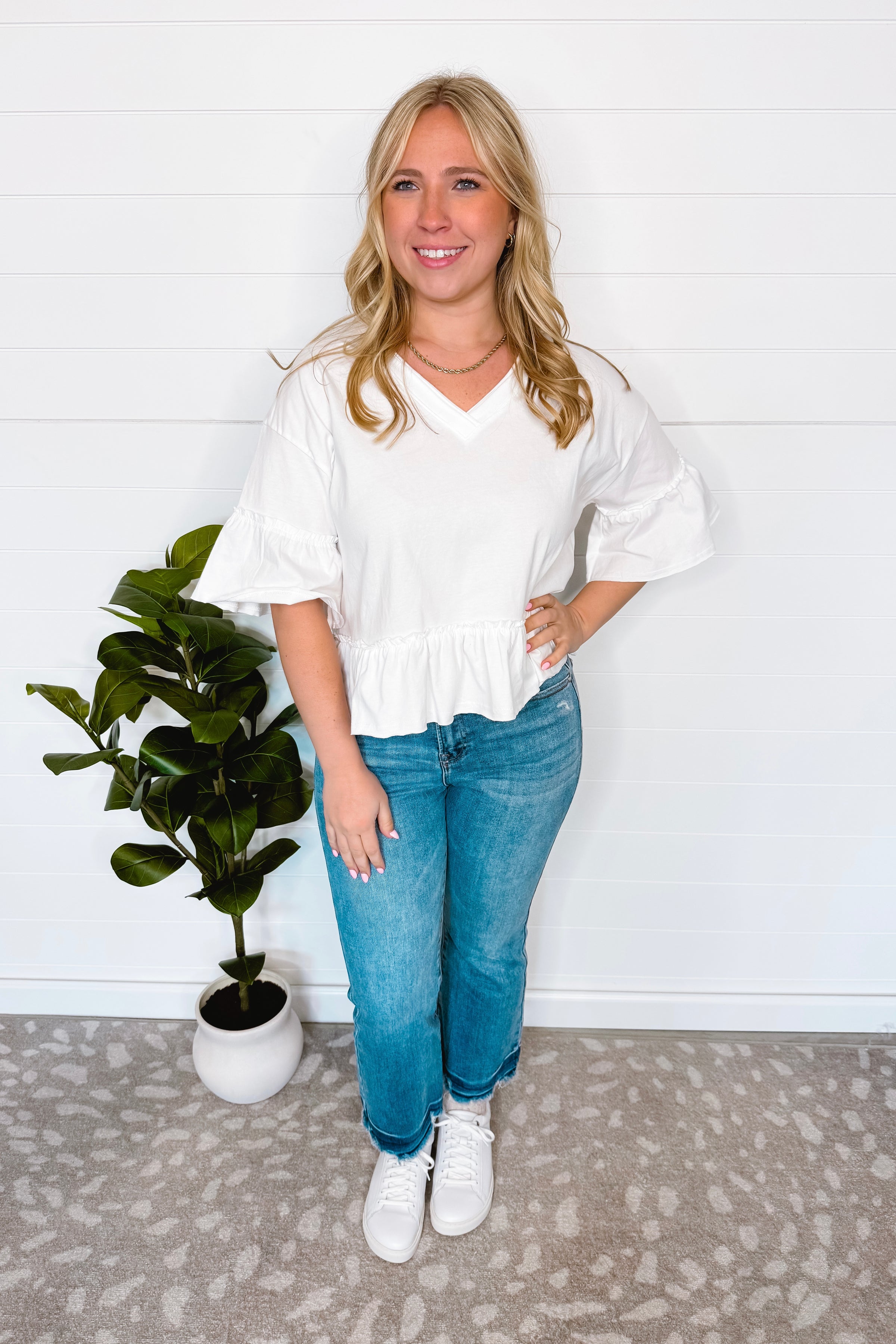 Cool And Casual Ruffle V-Neck Tee - White