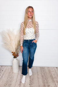 Frankie Mesh Mock Neck Polka Dot Top - Ivory/Brown