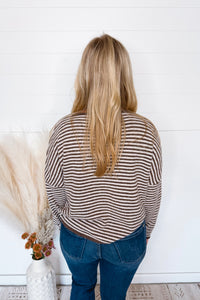 Gwen Lightweight Striped Button Sweater - Mocha/Ivory