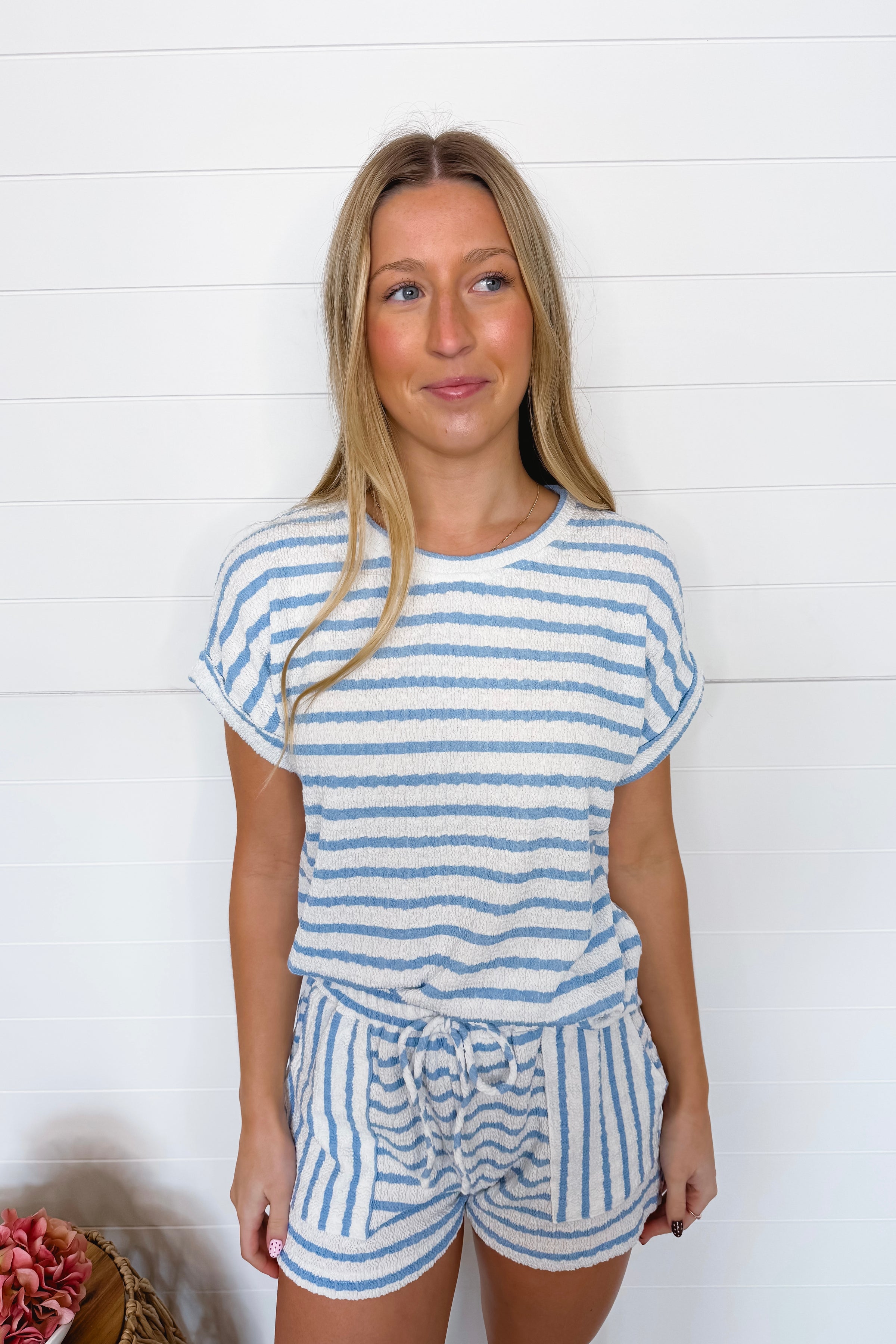 Oceanside Striped Ribbed Top - Light Blue/White