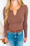 Courtney Notched V-Neck Long Sleeve Top - Brown