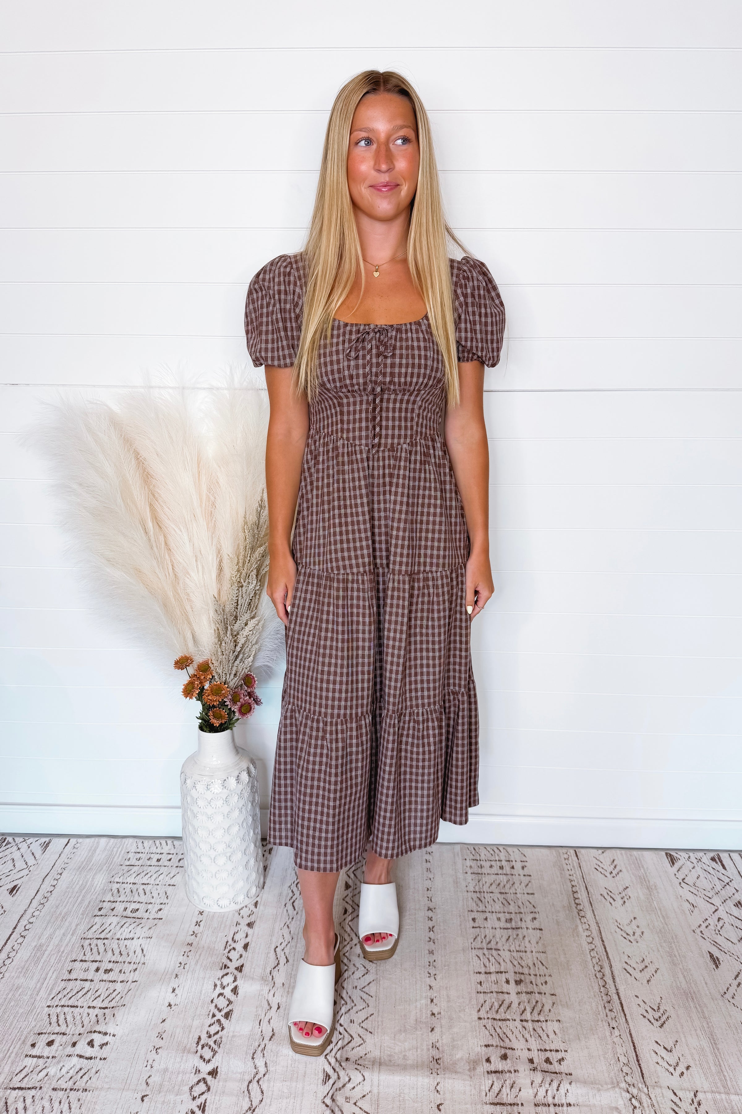 Full Of Grace Plaid Puff Sleeve Midi Dress - Brown