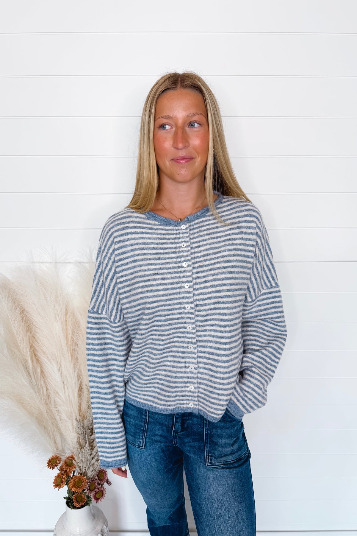 Gwen Lightweight Striped Button Sweater - Dusty Blue/Ivory