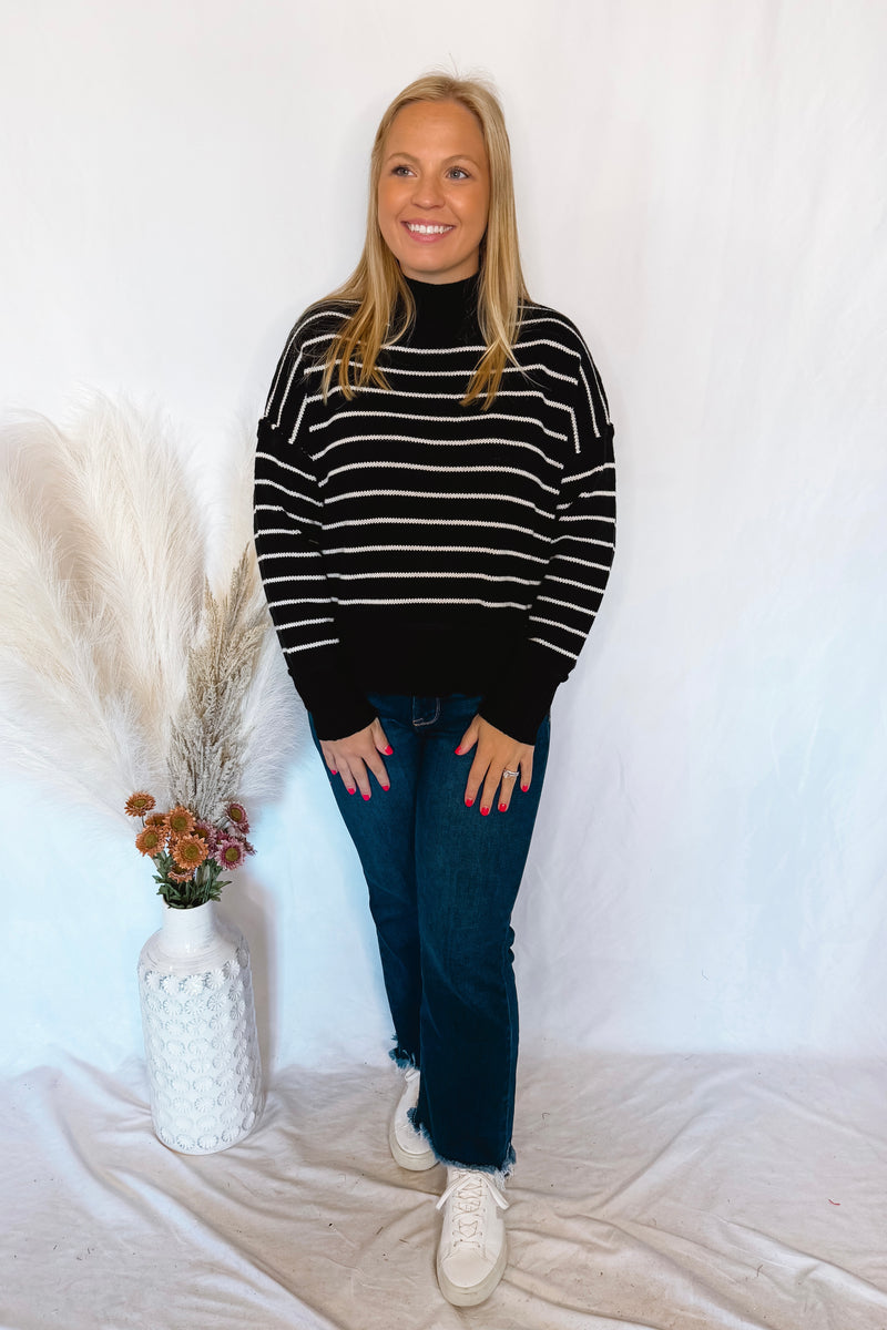 Winter Chill Mock Neck Striped Sweater - Black