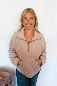 Uptown Charm Quilted Quarter Zip Pullover - Taupe