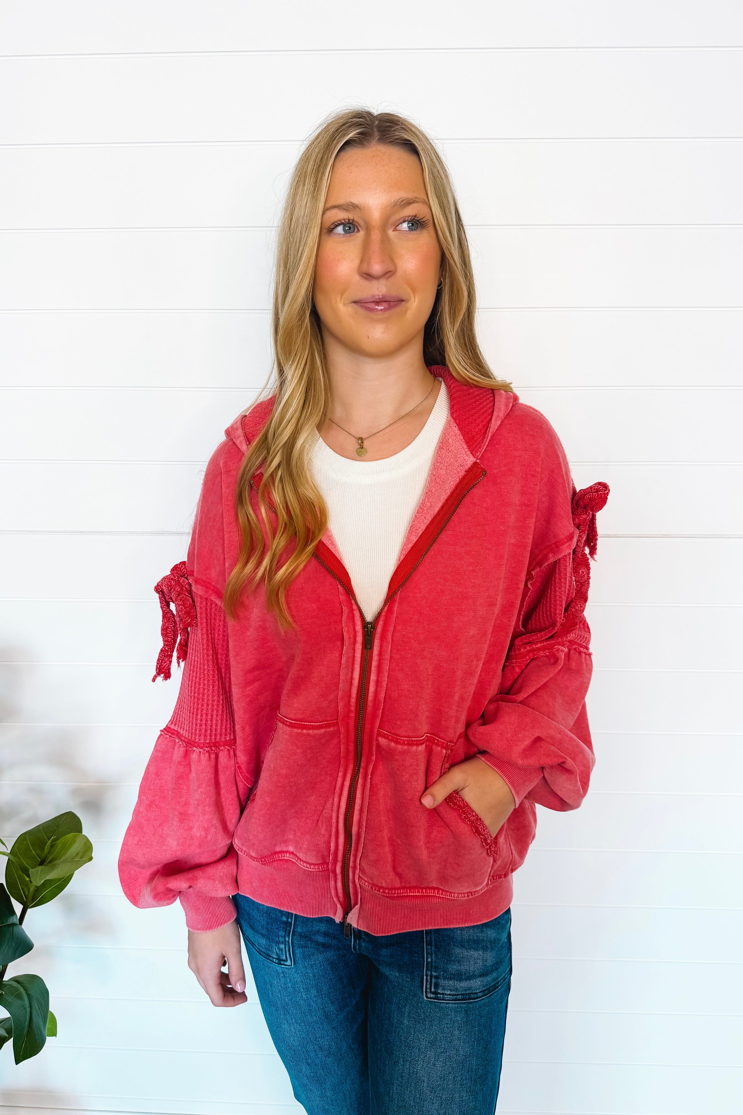 Love Me Tender Oversized Zip Up Hoodie - Faded Red