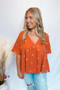 Daisy Smiles Embroidered Ruffle Babydoll Top - Rust