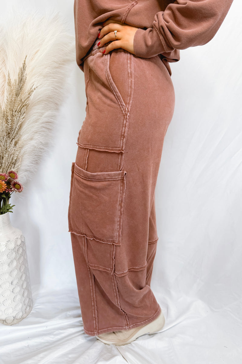 Falling Leaves Wide Leg Mineral Washed Pants - Chestnut