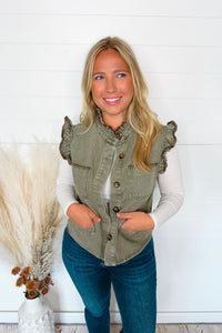 Cozy Charm Button Front Washed Denim Vest - Olive
