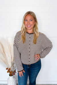 Gwen Lightweight Striped Button Sweater - Mocha/Ivory