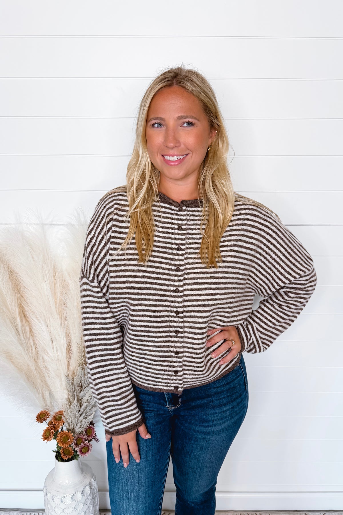 Gwen Lightweight Striped Button Sweater - Mocha/Ivory