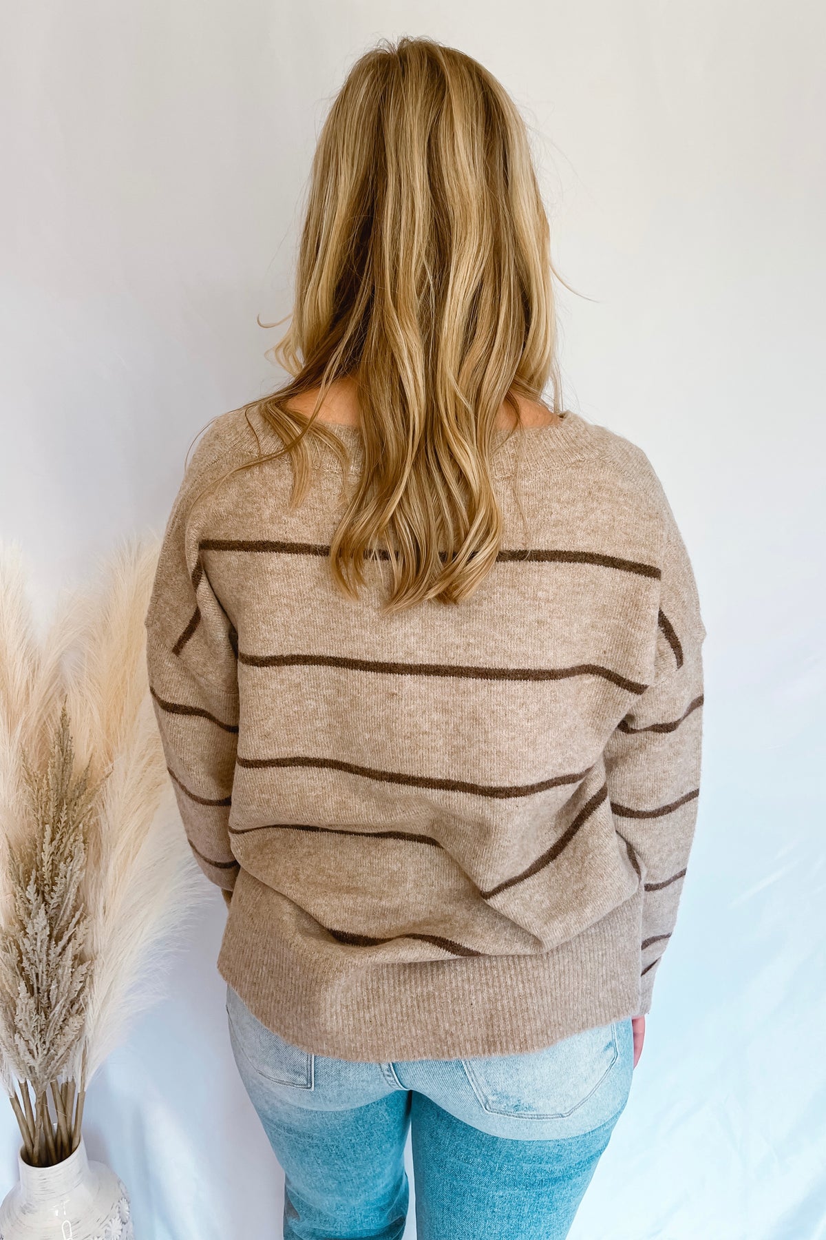 Fall Charm Striped V-Neck Sweater - Taupe/Brown