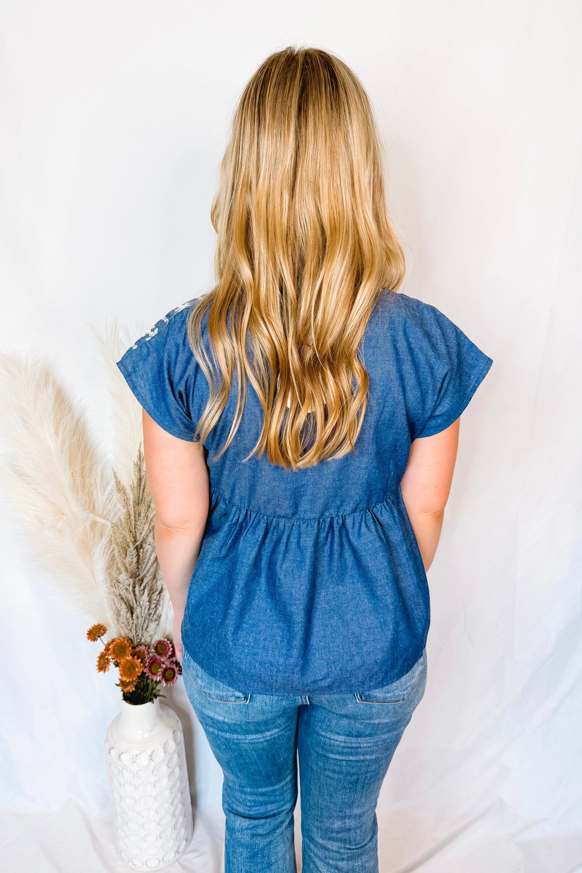 Just For Fun Babydoll Embroidery Blouse - Dark Denim