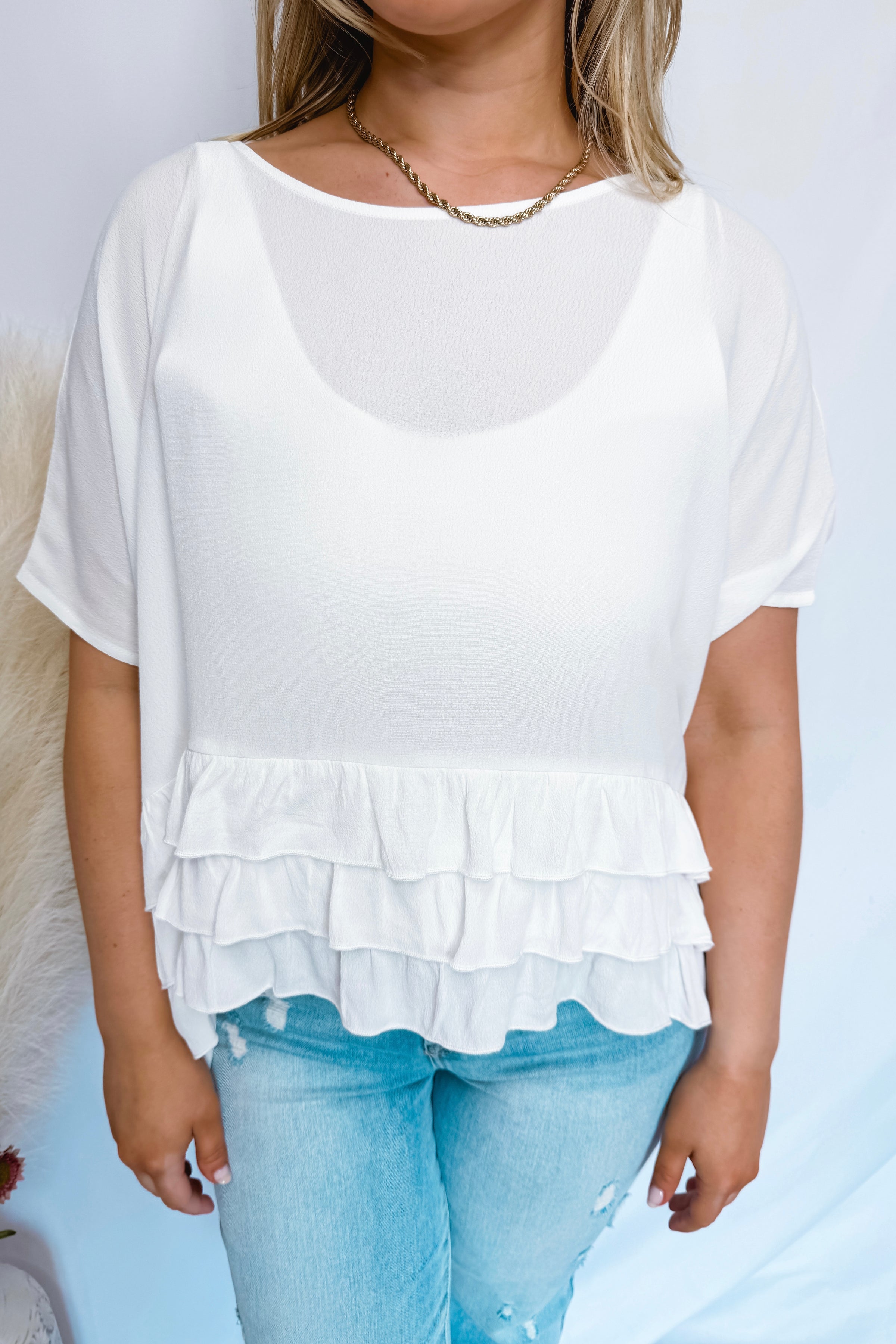 Charming Moment Ruffle Shift Top - White