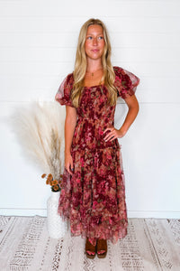Phoebe Puff Sleeve Tulle Midi Dress - Burgundy Multi