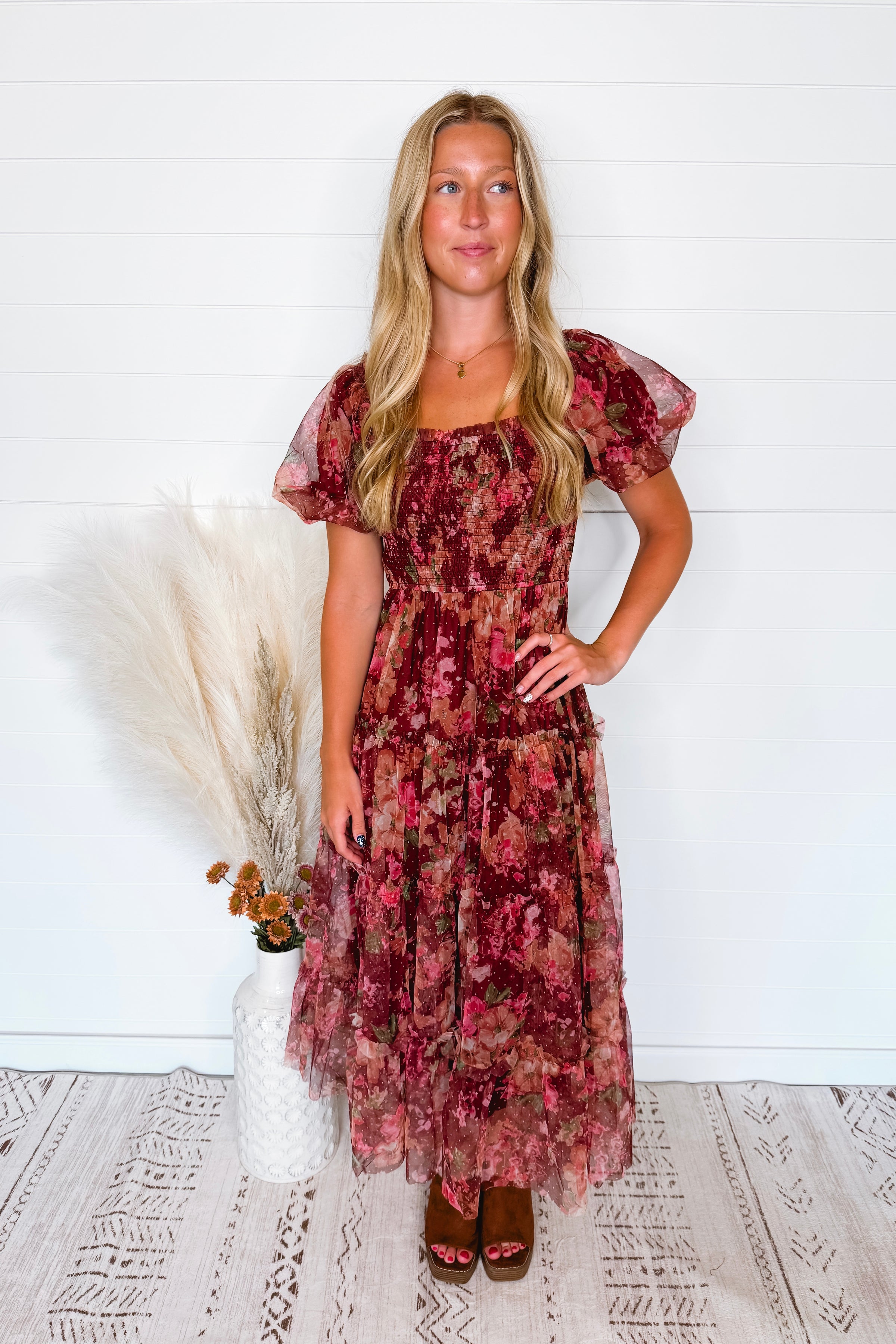 Phoebe Puff Sleeve Tulle Midi Dress - Burgundy Multi