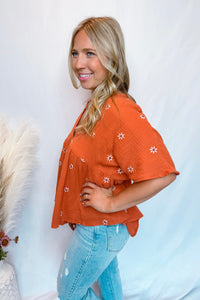 Daisy Smiles Embroidered Ruffle Babydoll Top - Rust