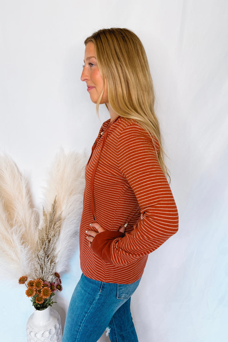 Hot Cider Striped Henley Hoodie - Rust