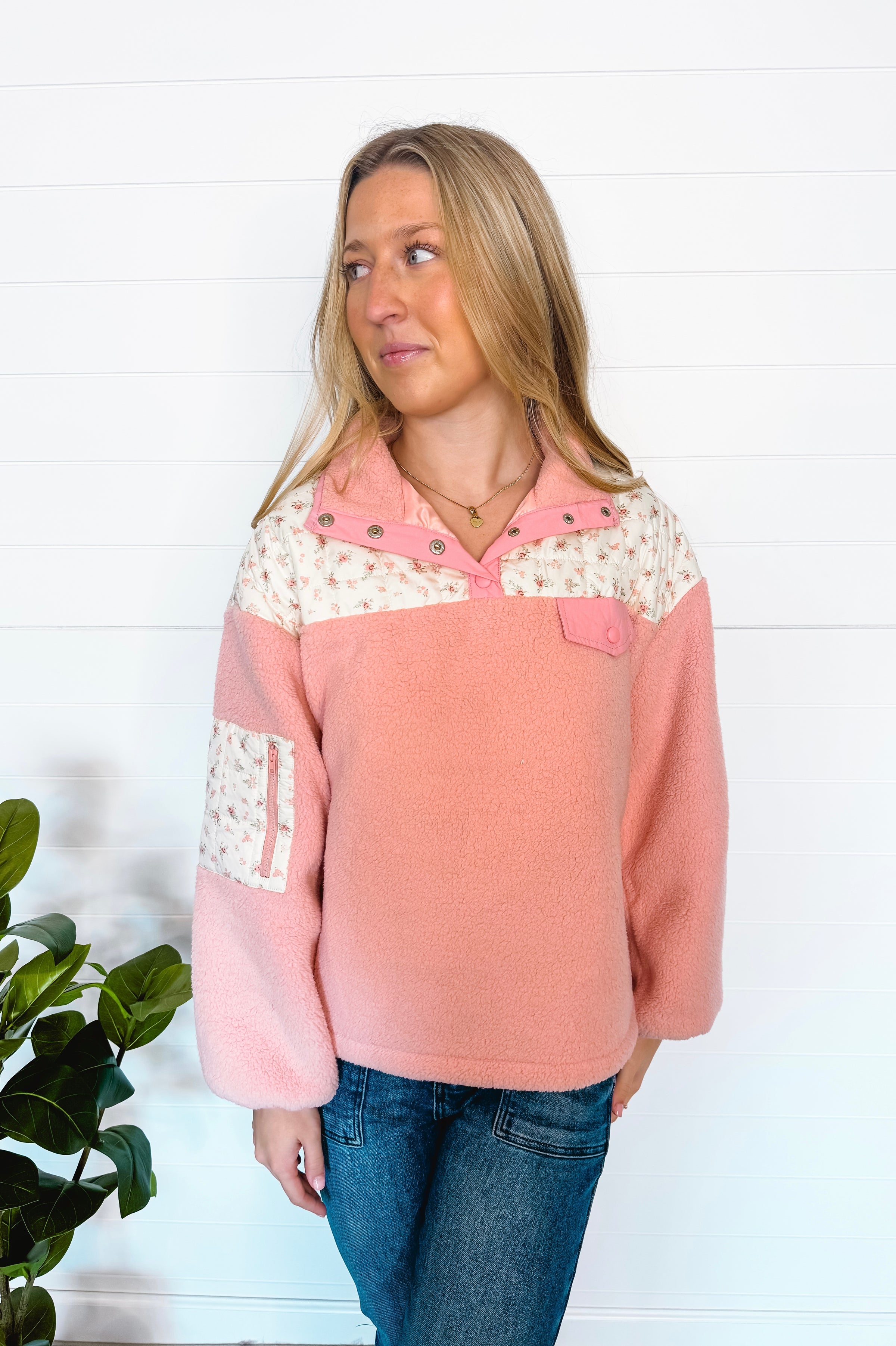 Cozy In Love Sherpa Quarter Snap Pullover - Pink