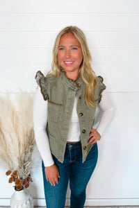 Cozy Charm Button Front Washed Denim Vest - Olive