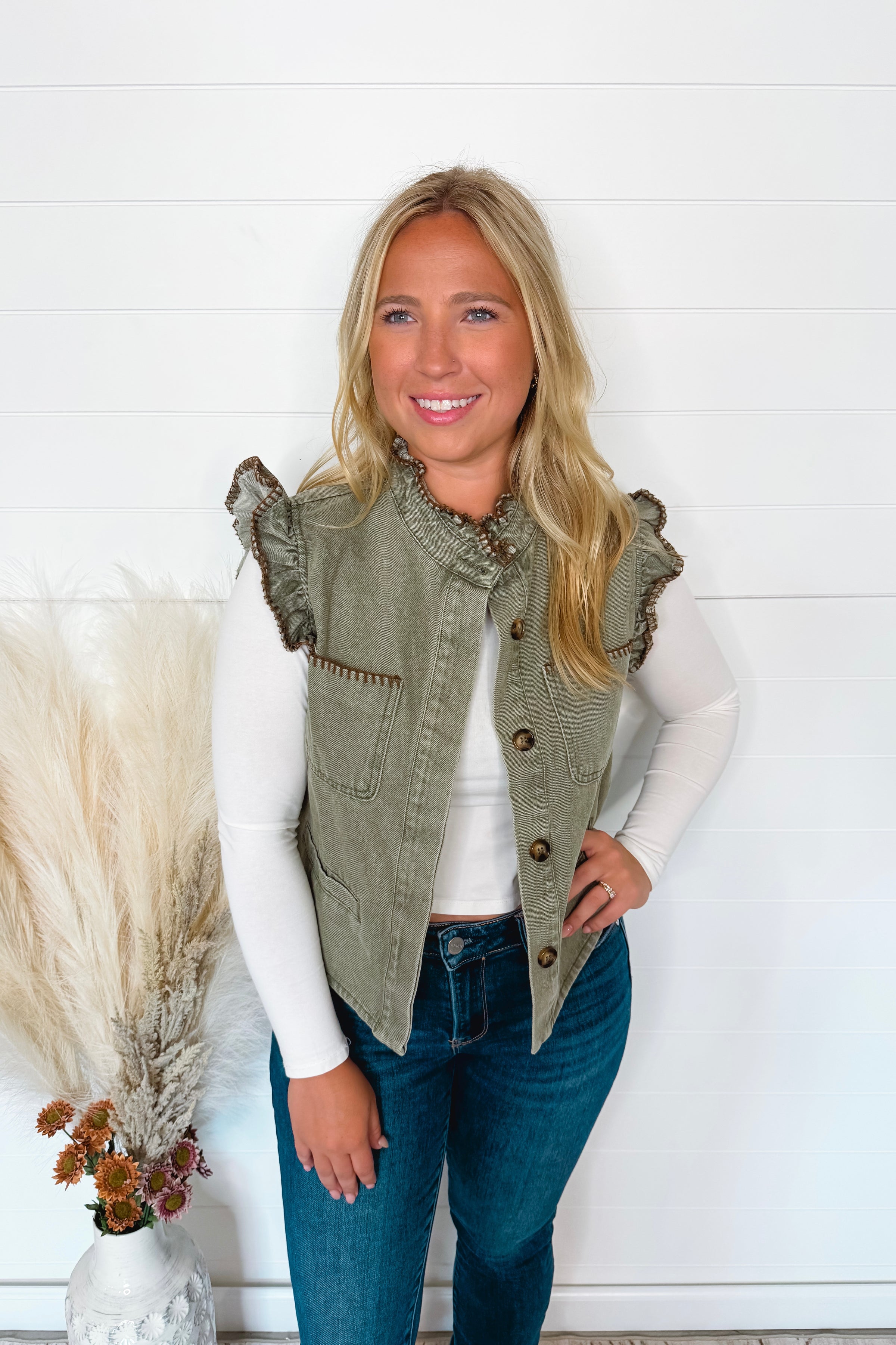 Cozy Charm Button Front Washed Denim Vest - Olive