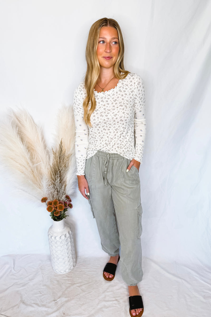 Ellie Tencel Drawstring Cargo Joggers - Pale Sage