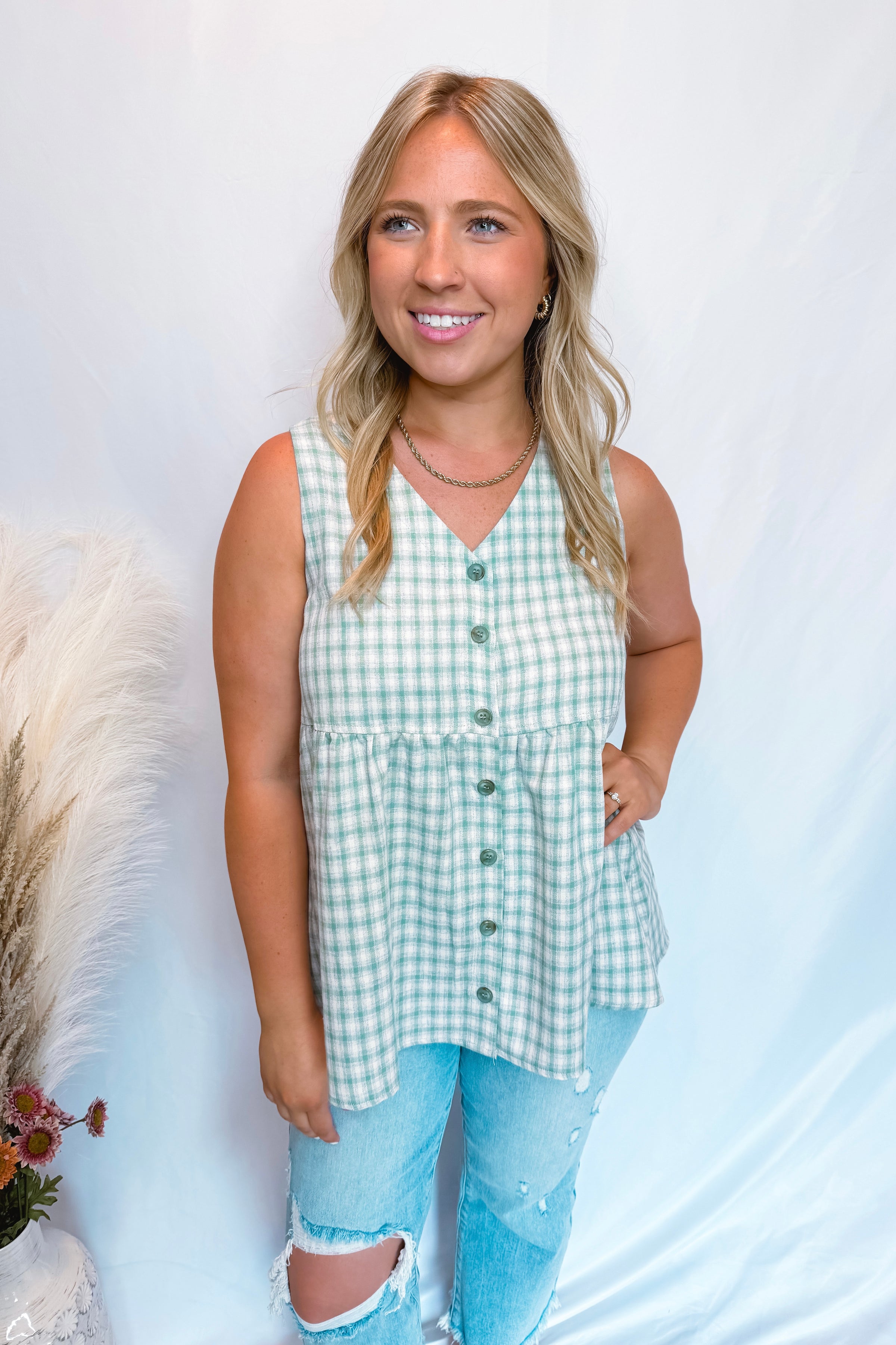 Fresh Market Button Down Tank - Mint