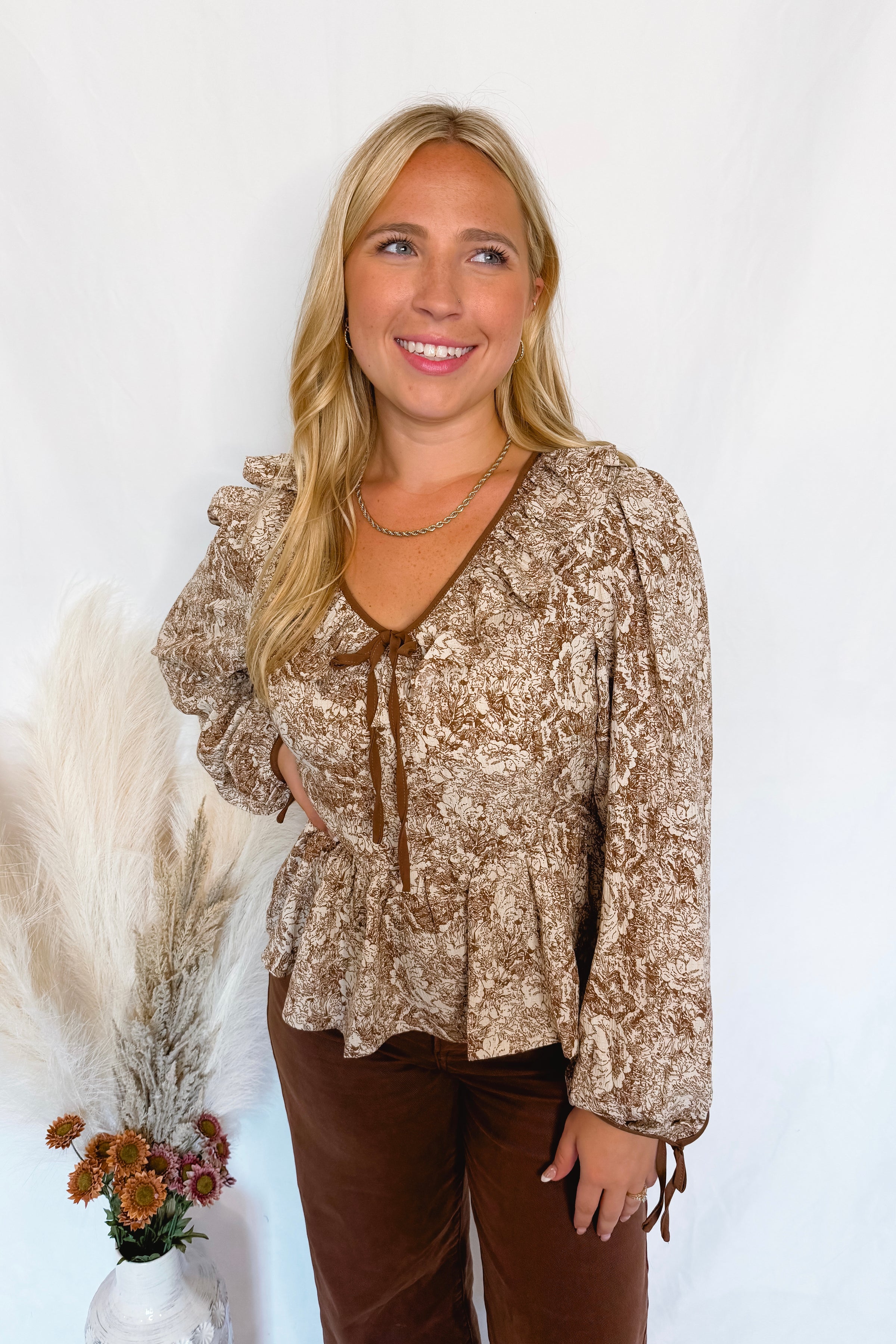 Count On Me Toile Babydoll Blouse - Brown/Ivory