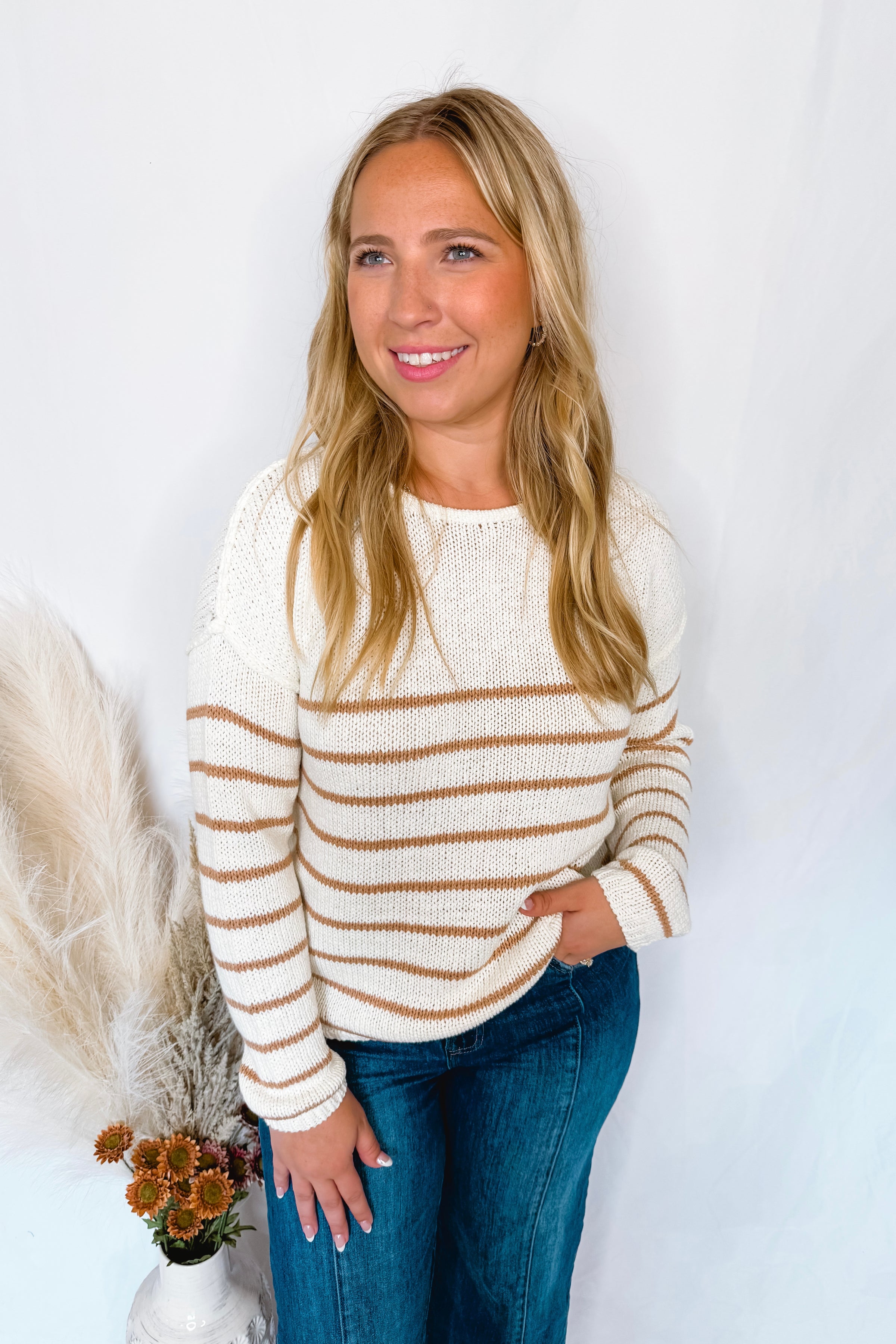 Breezy Mornings Striped Crew Neck Sweater - Ivory/Taupe