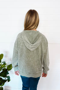 All Day Casual Mineral Washed Henley Hoodie - Olive