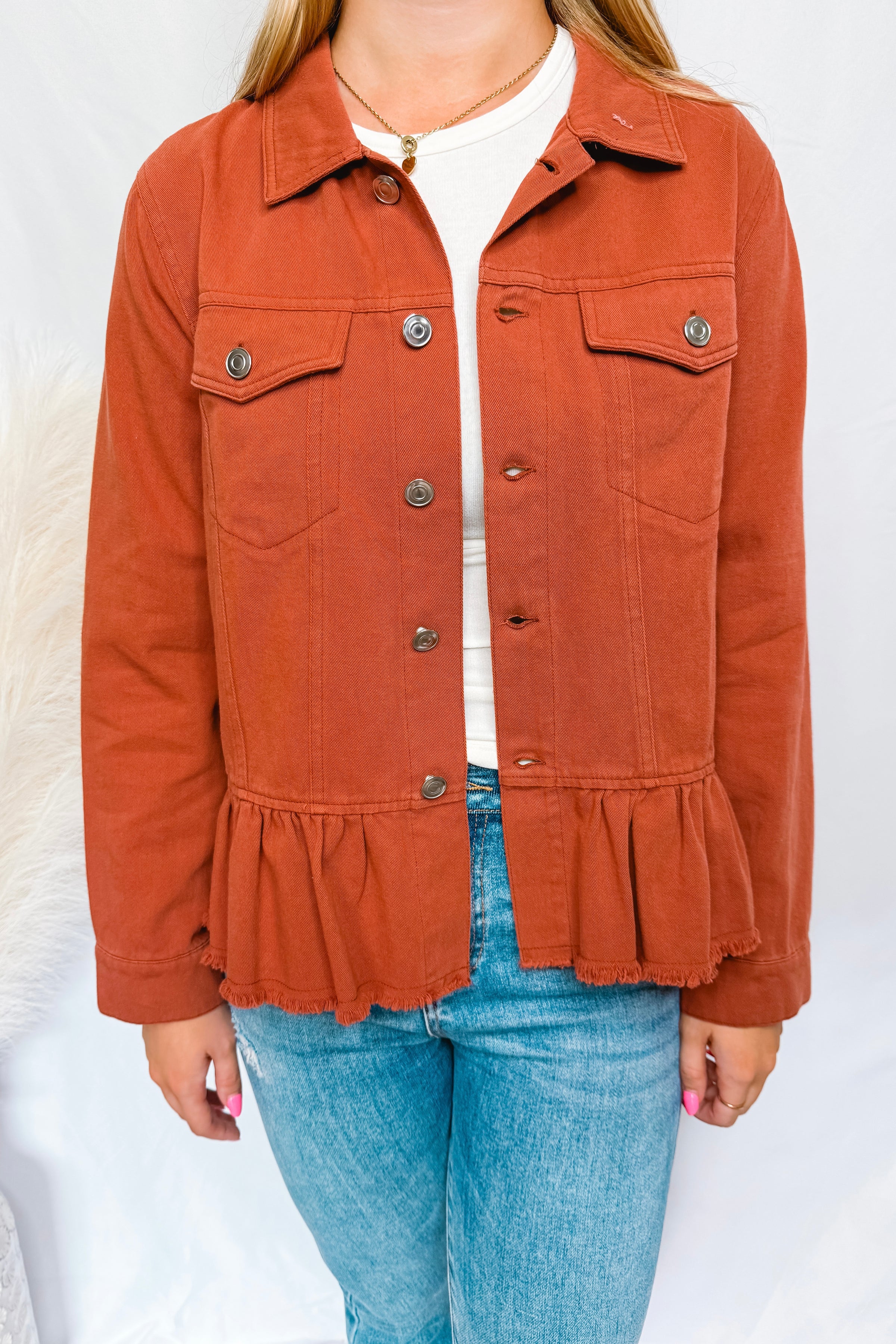 Feelin Good Ruffle Denim Jacket - Rust