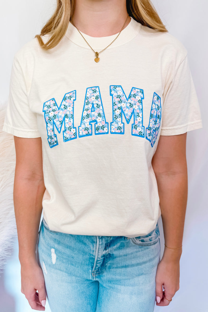 Blue Flower Mama Graphic Tee - Cream