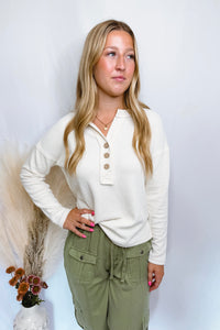 Cool Breeze Ribbed Knit Henley Top - Ivory