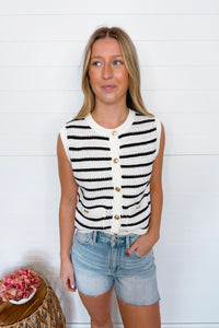 Dockside Striped Knit Button Vest - Navy/Ivory