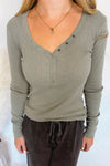 Shelly Long Sleeve Henley Top - Olive