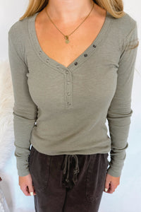 Shelly Long Sleeve Henley Top - Olive