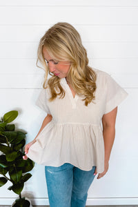 Annie Striped Split Neck Peplum Top - Taupe