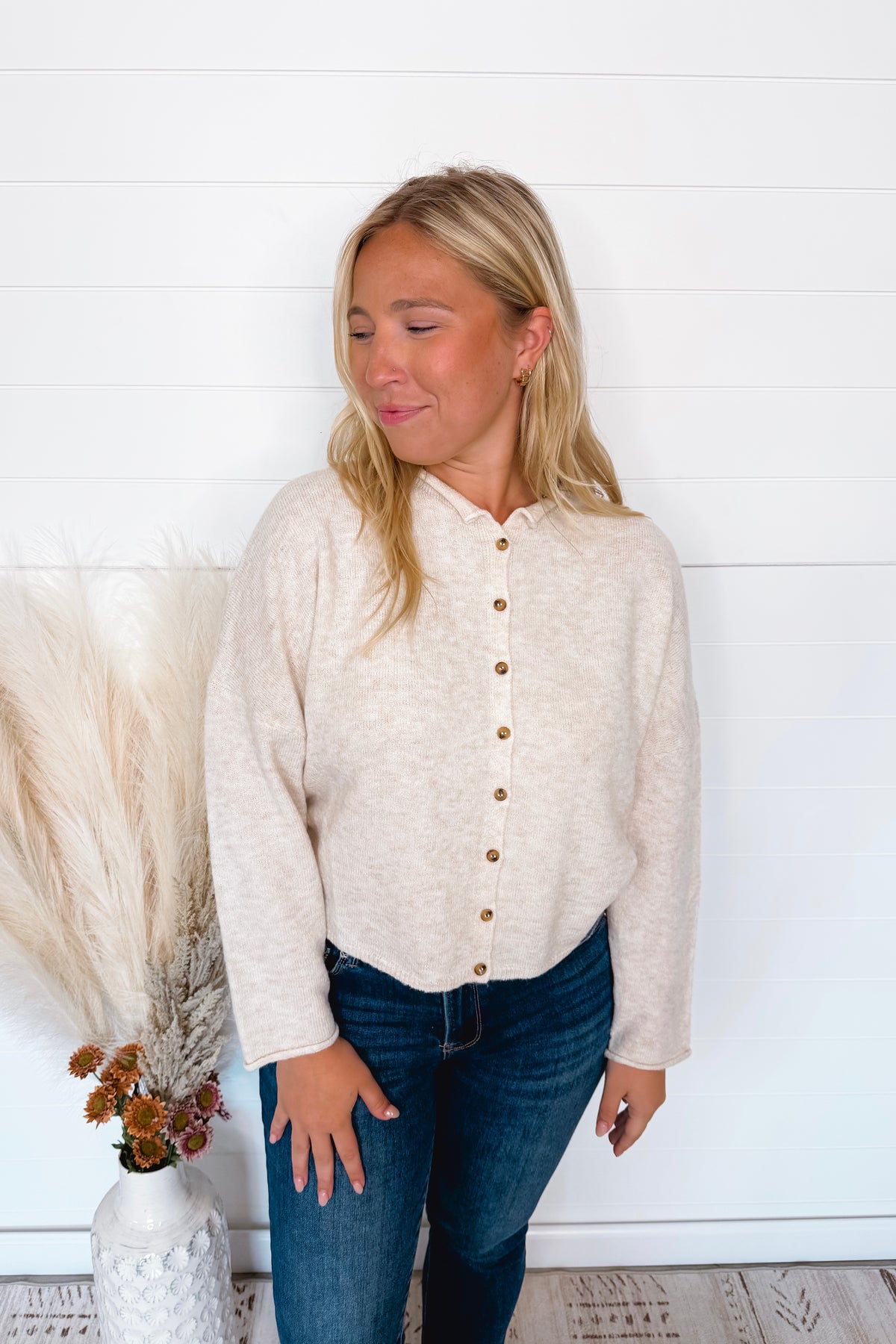 Sweet Breeze Lightweight Button Sweater - Oatmeal