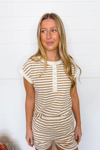 Fine Line Striped Ribbed Henley Top - Tan/Ivory