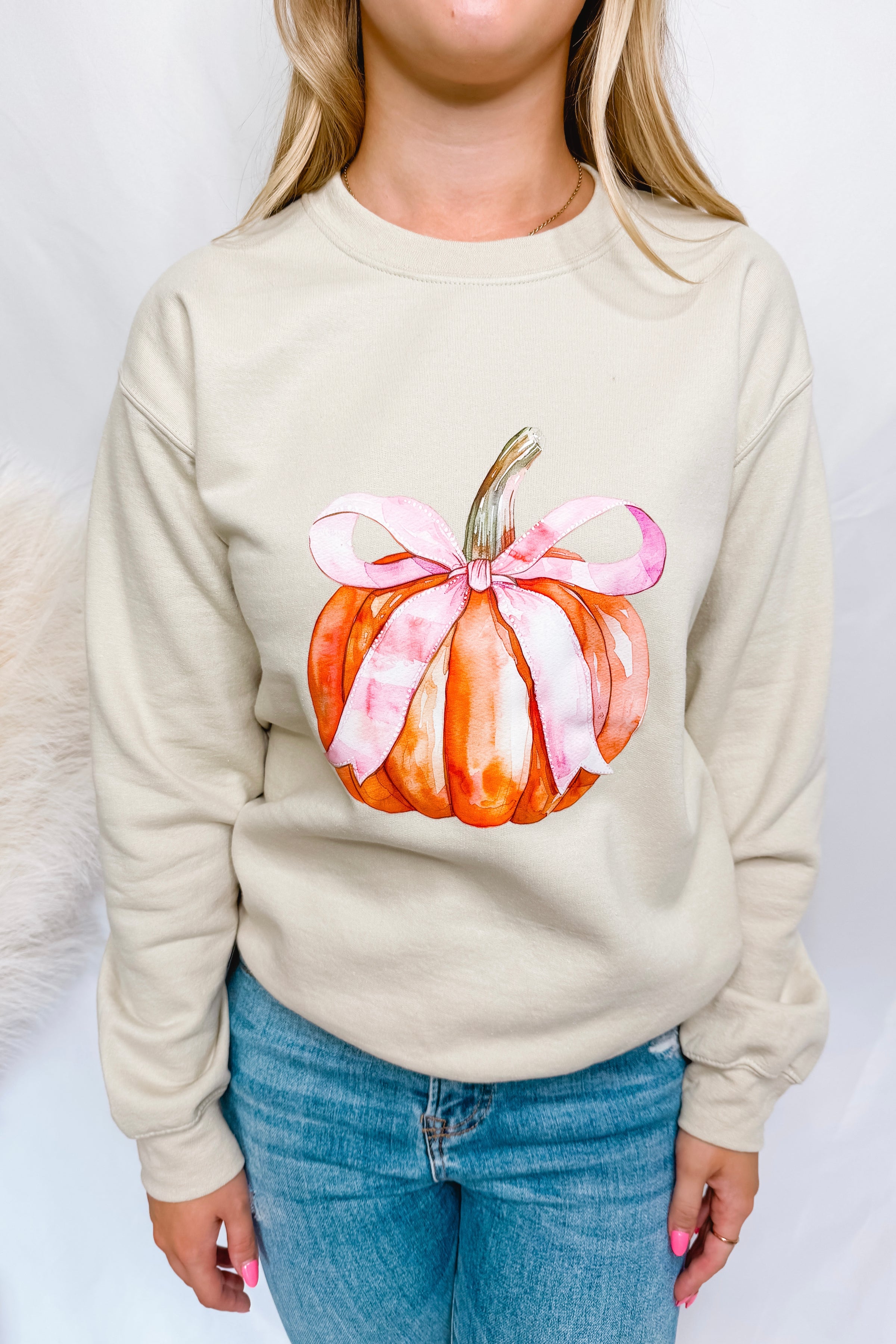 Fall Coquette Pumpkin Crew Neck - Sand