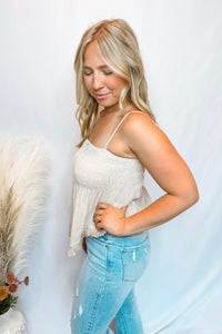 Sunny Charm Fringed Flutter Tank - Oatmeal