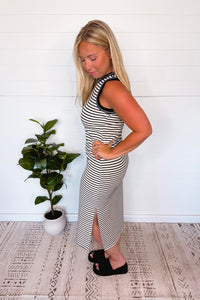 Brunch Date Striped Midi Dress - Black/White
