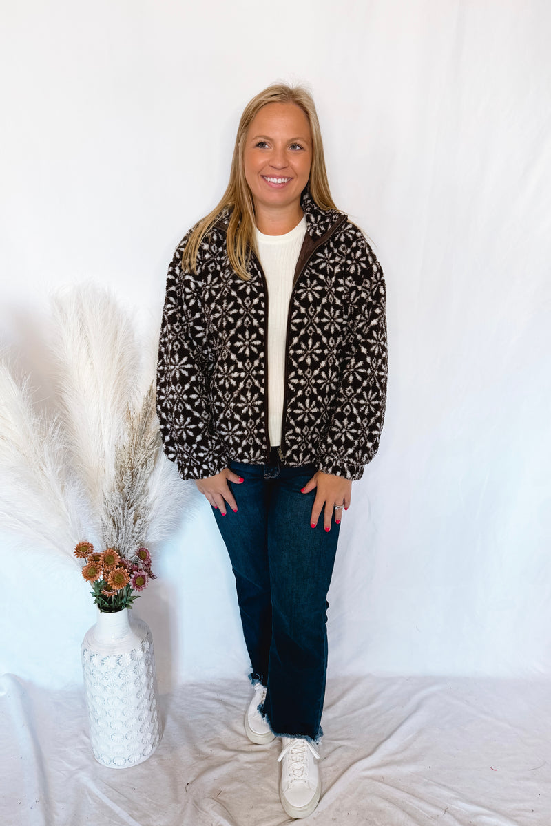 Mountain Views Snowflake Zip-Up Sherpa Jacket - Brown