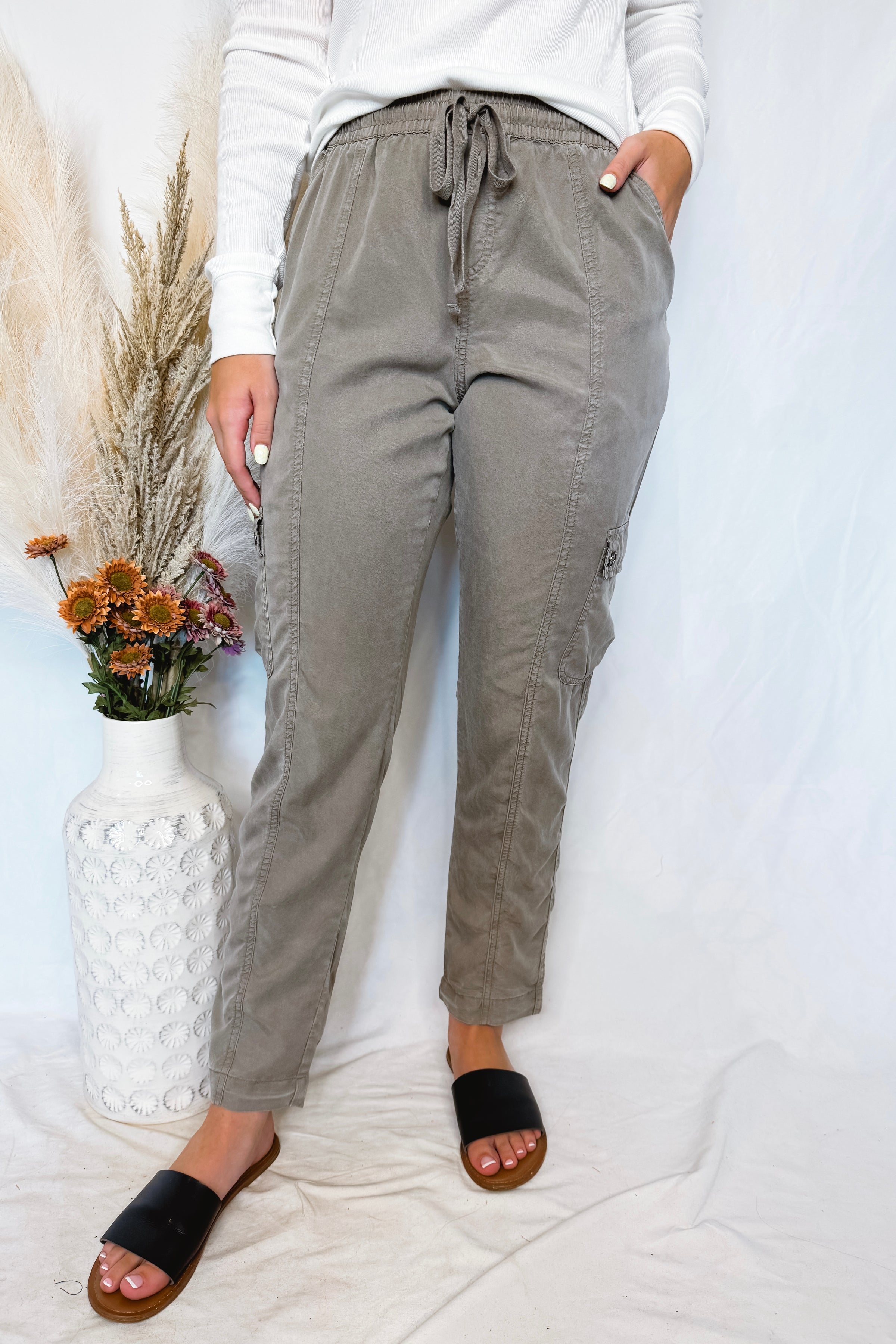 Elise Tencel Drawstring Cargo Pants - Khaki