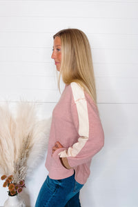 Fall Days Textured Long Sleeve Top - Pink/Cream