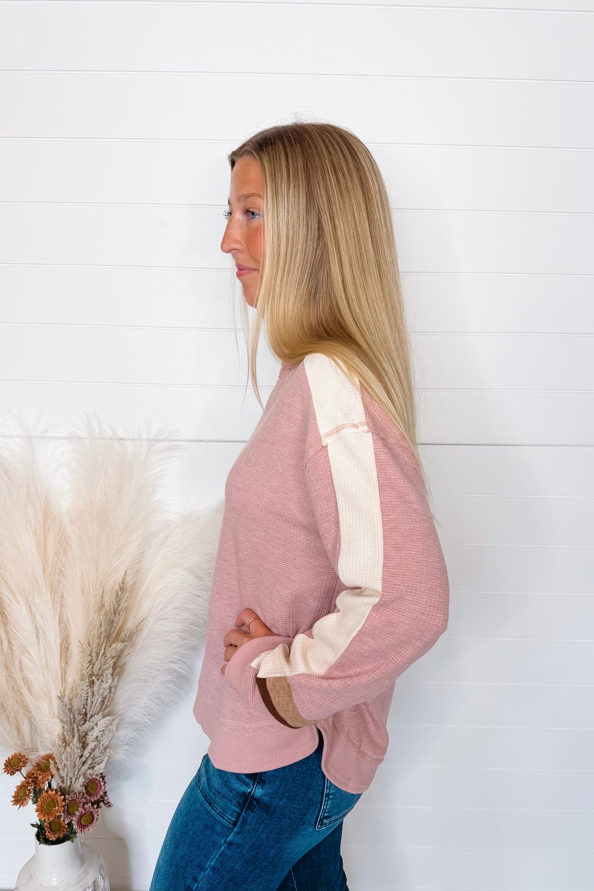Fall Days Textured Long Sleeve Top - Pink/Cream