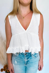 Sunny Smiles V-Neck Babydoll Tank - White