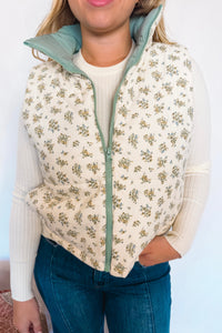 Autumn Vibes Floral Corduroy Puff Vest - Cream