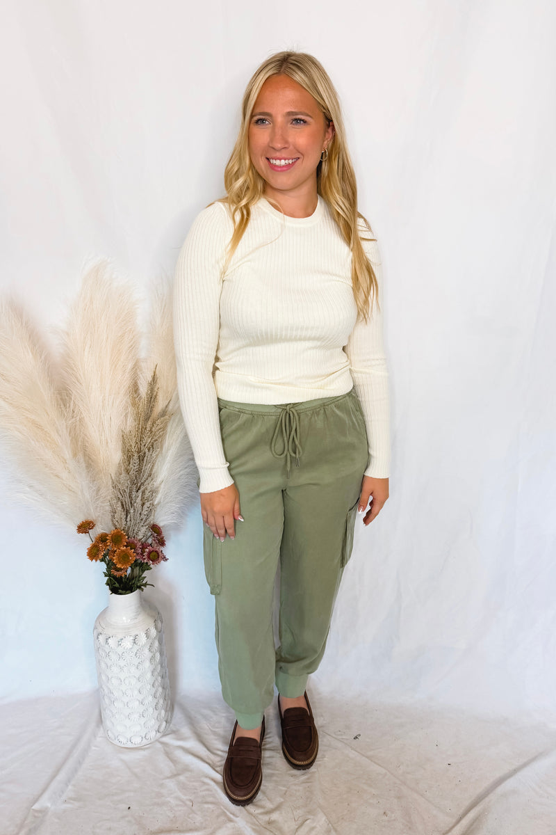 Serena Risen Tencel High Rise Drawstring Cargo Joggers - Olive